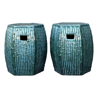 Vintage Glazed Ceramic Bamboo Garden Stools - A Pair For Sale