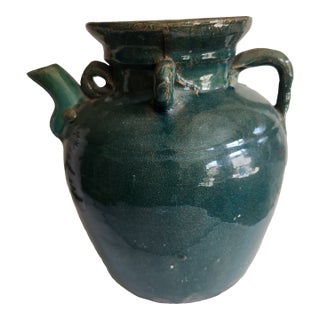 Vintage Green Glazed Stoneware Vessel For Sale