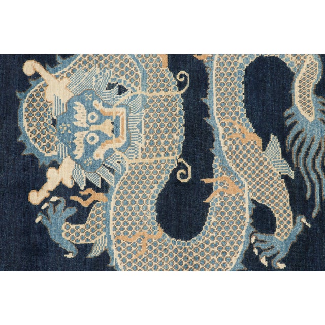 Folk Art Rug & Kilim’s Pictorial Dragon Rug in Navy Blue, With Geometric Borders For Sale - Image 3 of 7