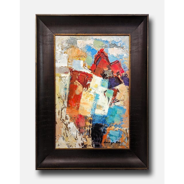 Red Mountain: Multi Colored Red, Blue White Framed Textured Abstract Art on Canvas. Brown Curved Contemporary Clean Frame....