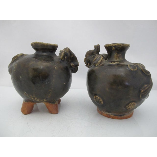 Early 20th Century Khmer Cambodian Elephant Stoneware Lime Betel Nut Pot Pair For Sale - Image 5 of 17