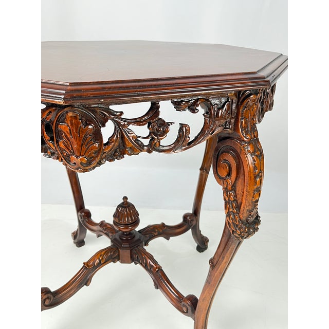 Rococo Revival Carved Walnut & Burl Octagonal Accent Table For Sale - Image 14 of 16