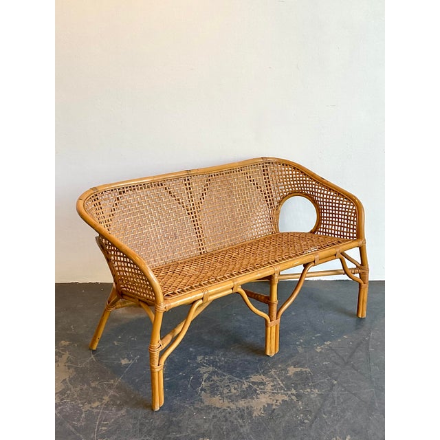 Boho Chic Vintage Woven Rattan Settee For Sale - Image 3 of 12