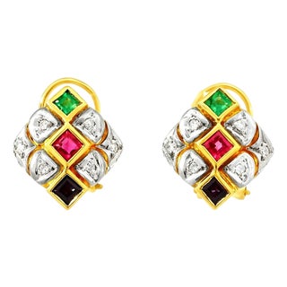 Late 20th Century 18K Yellow Gold Ruby Emerald Sapphire Diamond Earrings, Pair For Sale