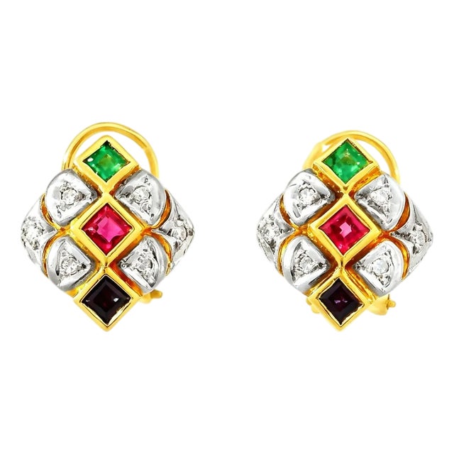 Late 20th Century 18K Yellow Gold Ruby Emerald Sapphire Diamond Earrings, Pair For Sale