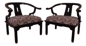 Mid-Century Black Lacquered Asian Style Horseshoe Armchairs - a Pair