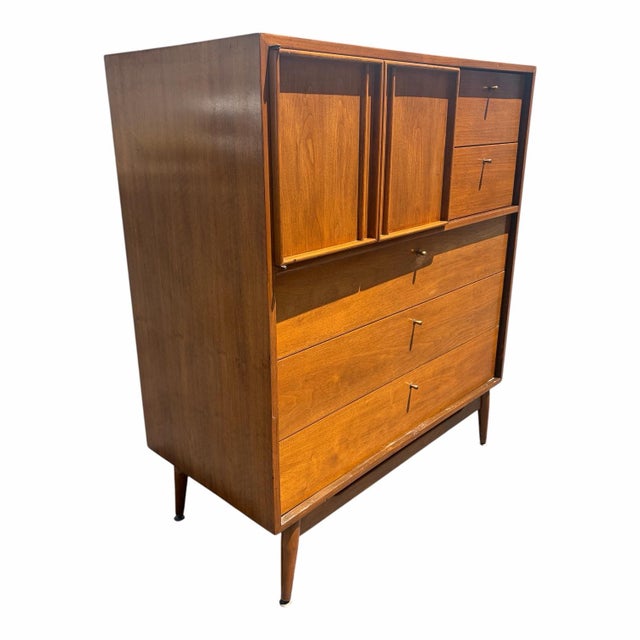 Nice walnut 5 drawer gentleman’s chest. Having bifold door upper left. Finely constructed with turned brass drawer pulls...