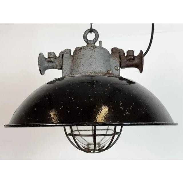 Industrial Black Enamel and Cast Iron Cage Pendant Light from Elektrosvit, 1960s For Sale - Image 6 of 17