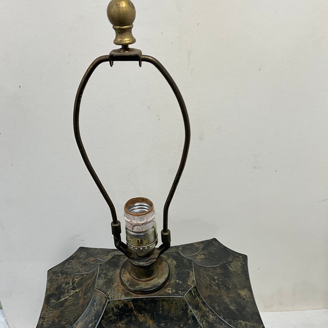 Dark Green 1940s Pagoda Metal Earthy Color Faux Painted Lamp For Sale - Image 8 of 10