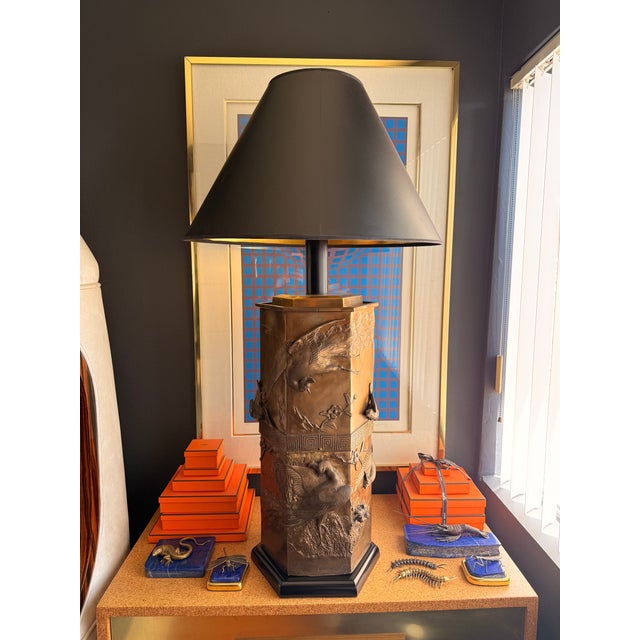 Large scale Hollywood Regency bronze / brass lamp with peacocks, birds and floral patterns attributed to legendary Billy...