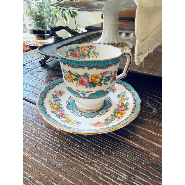 Vintage Crown Staffordshire Lyric Tunis Blue Fine Bone China – 6 Small Teacups & Saucers – 12 Piece Set – England For Sale - Image 11 of 12