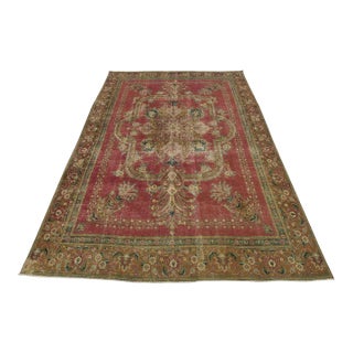 Tabriz Rug 9’1” X 12’4” Red Wool Vintage Distressed Hand-Knotted Carpet For Sale