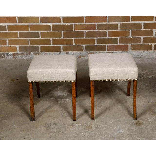 Pair of English 19th Century Oak Stools with Saber Legs and Custom Upholstery For Sale - Image 10 of 12