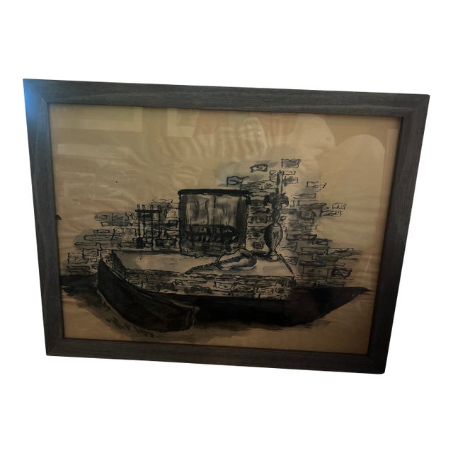 MCM 1940s Wpa Charcoal & Ink Interiors Painting /Framed For Sale