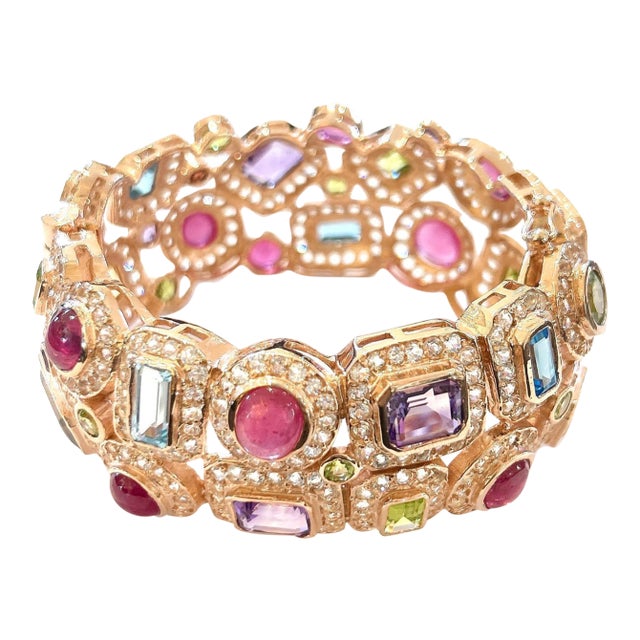 Bochic "Capri" Vintage Ruby & Sapphire Bangle Set In 18K Gold & Silver For Sale