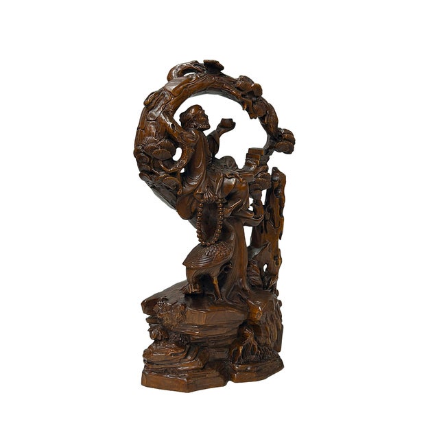 Sienna Legendary Sage Damo Bodhidharma on Pine With Crane Wood Art Figure For Sale - Image 8 of 9