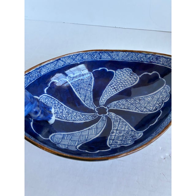 Blue Vintage Chinese Man Blue White Porcelain Chinoiserie Oval Bowl For Sale - Image 8 of 13