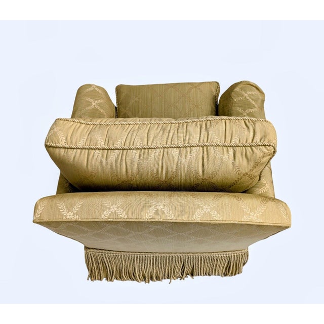 1980s Elegant Custom Made Gold Trellis Pattern Deep Seat Armchair With Bullion Fringe and Slip Covers For Sale - Image 4 of 10