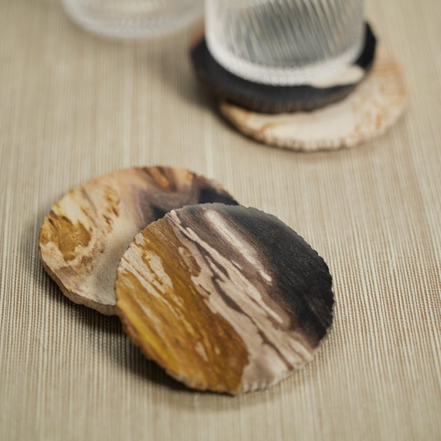 Petrified wood logs mined from ancient Indonesian tropical forests are cut to create coasters that will make a statement....