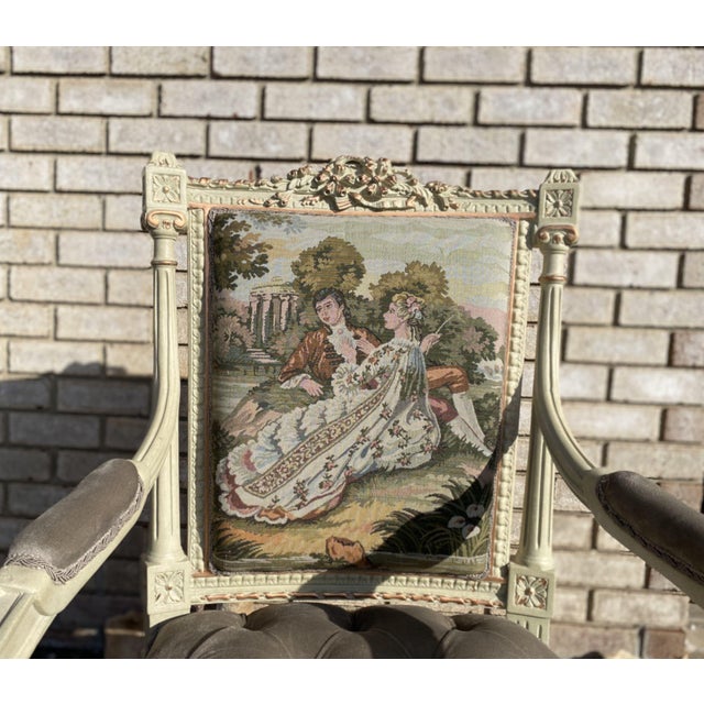 French Louis XV French Style Settee, Empire Walnut Armchair For Sale - Image 3 of 10