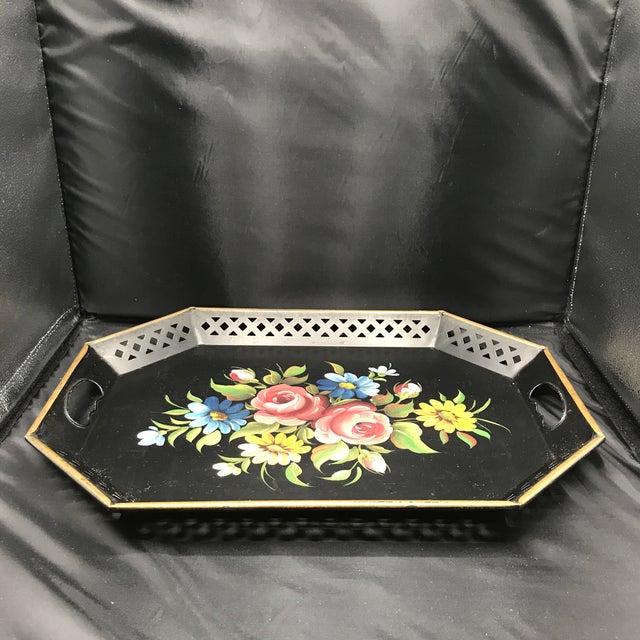 Vintage Metal Hand Painted Floral Tole Tray by Nashco of New York