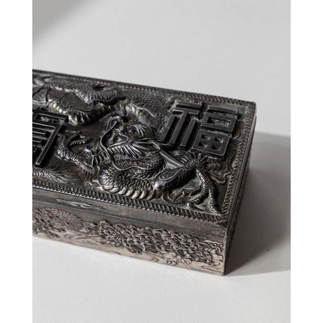 Vintage Japanese Silver-Plated Box with Dragon Motif and Wood Inlay, Early 19th Century For Sale - Image 11 of 17