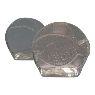 Mid 20th Century Clear Glass Blenko Fish Bookends, Pair For Sale