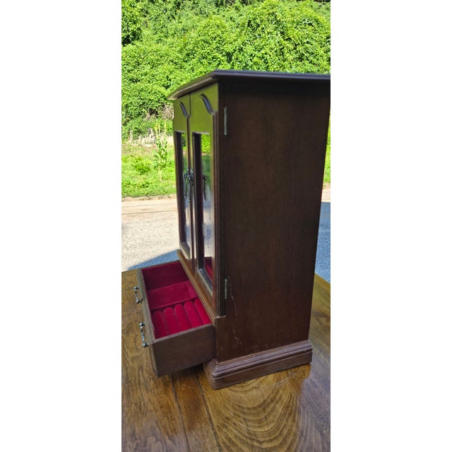 Farmhouse Vintage Wooden Jewelry Armoire With Etched Glass Doors & Red Velvet Lined Interior For Sale - Image 3 of 16