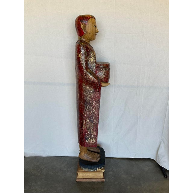 Wood Vintage Buddha Buddhist Carved Wood Burmese Thai Monk Statue For Sale - Image 7 of 16