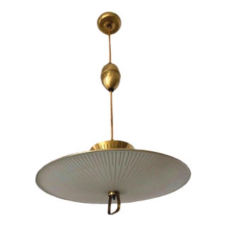 Mid-Century Brass & Frosted Glass Pull Down Pendant Light For Sale