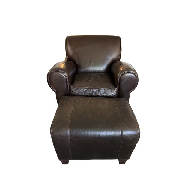 Manhattan Roll Arm Top-Grain Leather Club Chair & Ottoman – Mitchell Gold + Bob Williams for Pottery Barn, French Art Deco...