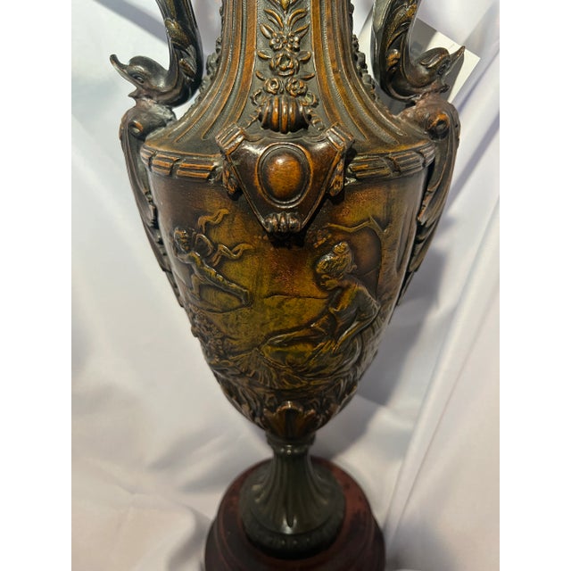 Antique Dark Patinated Brass Decorative Urn With Wood Base For Sale - Image 4 of 11