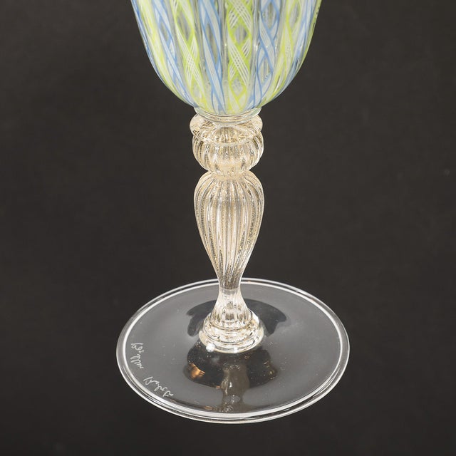 Set of 8 Hand-Blown Murano Latticino Blue & Chartreuse Wine Glasses W/ 24k Gold For Sale - Image 16 of 18