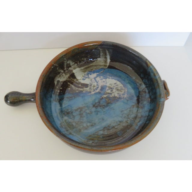 Late 20th Century Signed Vintage Hand-Made Glazed Pottery Bowl With Handle Rustic Colors For Sale - Image 9 of 9