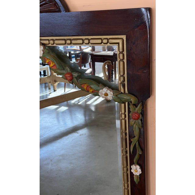 Early 20th French Wood Wall Mirror With Painted Garland of Flowers For Sale - Image 4 of 7