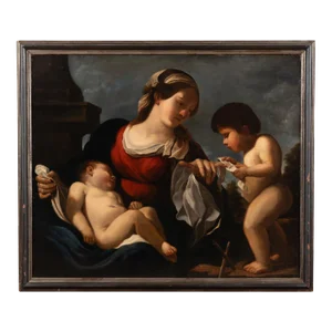19th Century Original Oil on Canvas Painting of Madonna and Child With Infant John the Baptist After Guercino