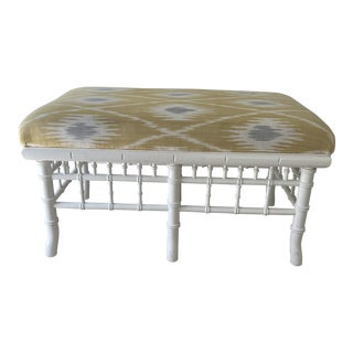 White Lacquered Faux Bamboo Bench With Yellow and Blue Ikat Upholstery For Sale