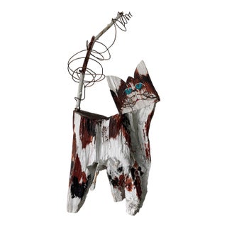1980s Vintage Folk Art Hand-Carved and Painted Cat Sculpture With Wire Tail – Signed For Sale