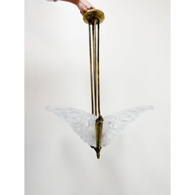 Art Deco French Art Deco Degue Bronze Ceiling Light With Four Signed Glass Panels, Circa 1920s For Sale - Image 3 of 18