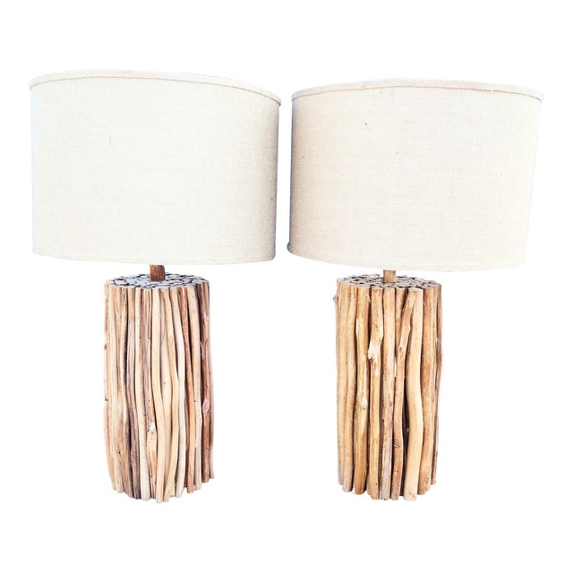 Natural Rustic Gathered Driftwood Coastal Table Lamps With Burlap