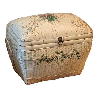 Vintage Herringbone Rattan Storage Trunk With Hand-Painted Floral Motif For Sale