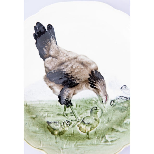 A charming antique French majolica hen and chicks plate by H.B. Boulanger, Choisy le Roi, France, circa 1890. Maker's mark...