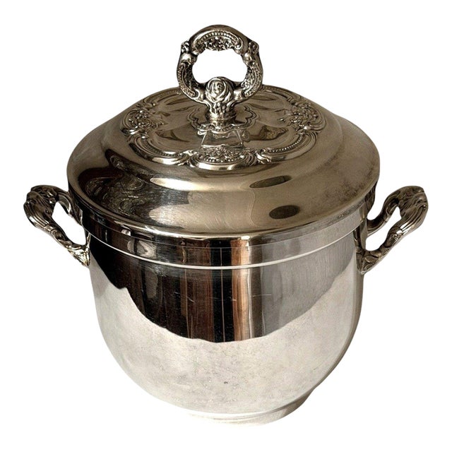 Vintage Rococo Oneida Usa Silverplate Covered Ice Bucket Ornate Floral Lid Glass Liner For Sale