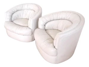 Pair Barrel Round Back Off White Leather Upholstery Swivel Lounge Chairs