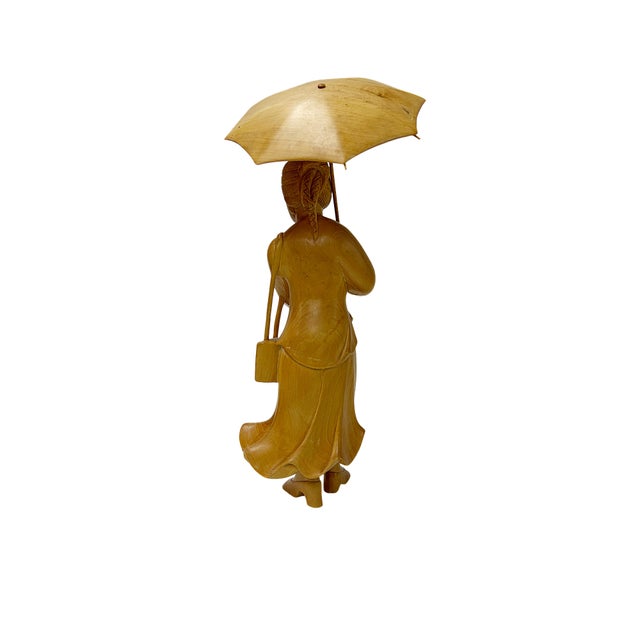 Asian Light Tan Wood Crafted Lady Holding Umbrella Art Figure For Sale - Image 3 of 9