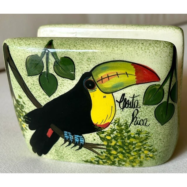 Vintage Folk Art Hand Painted Toucan "El Paisaje" Napkin Holder, Signed by Artist For Sale - Image 11 of 11
