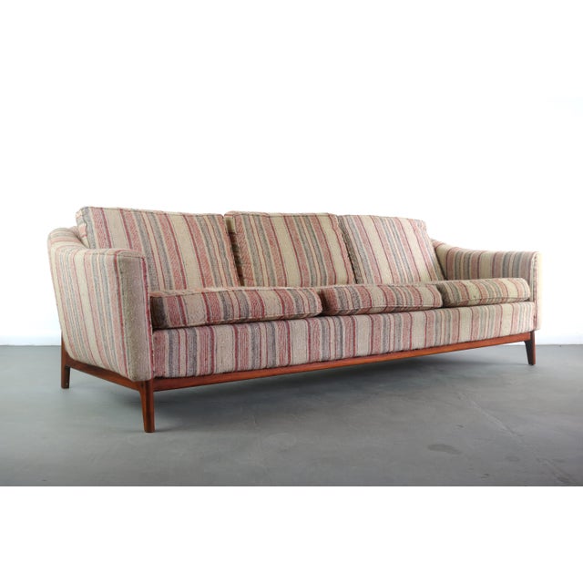 Beige Mid Century Modern Danish Sofa on Walnut Base with Back Detail For Sale - Image 8 of 8