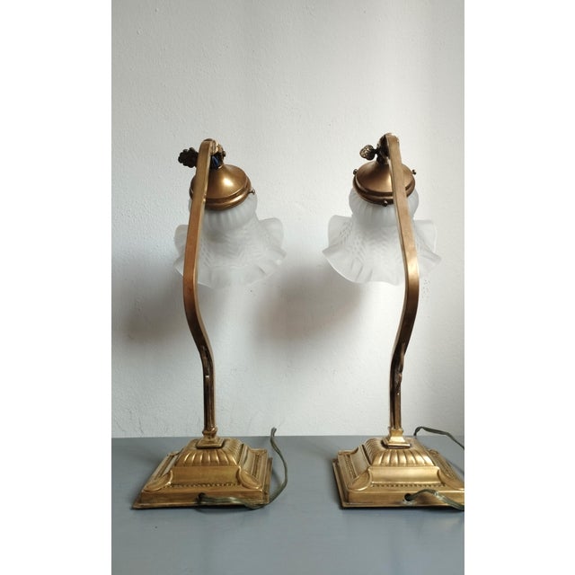 Metal Art Nouveau Brass Lamps with Tulip Lampshades, 1930s, Set of 2 For Sale - Image 7 of 11