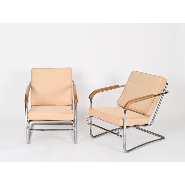 Tubular Chrome and Walnut Armchairs with Suede Upholstery, 1940s, Set of 2 For Sale - Image 11 of 18
