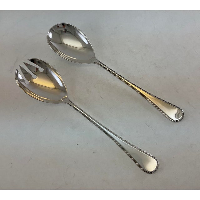 English 1980s Silver Pair Salad Servers, Salad Spoon & Salad Fork, Feather Edge For Sale - Image 3 of 14
